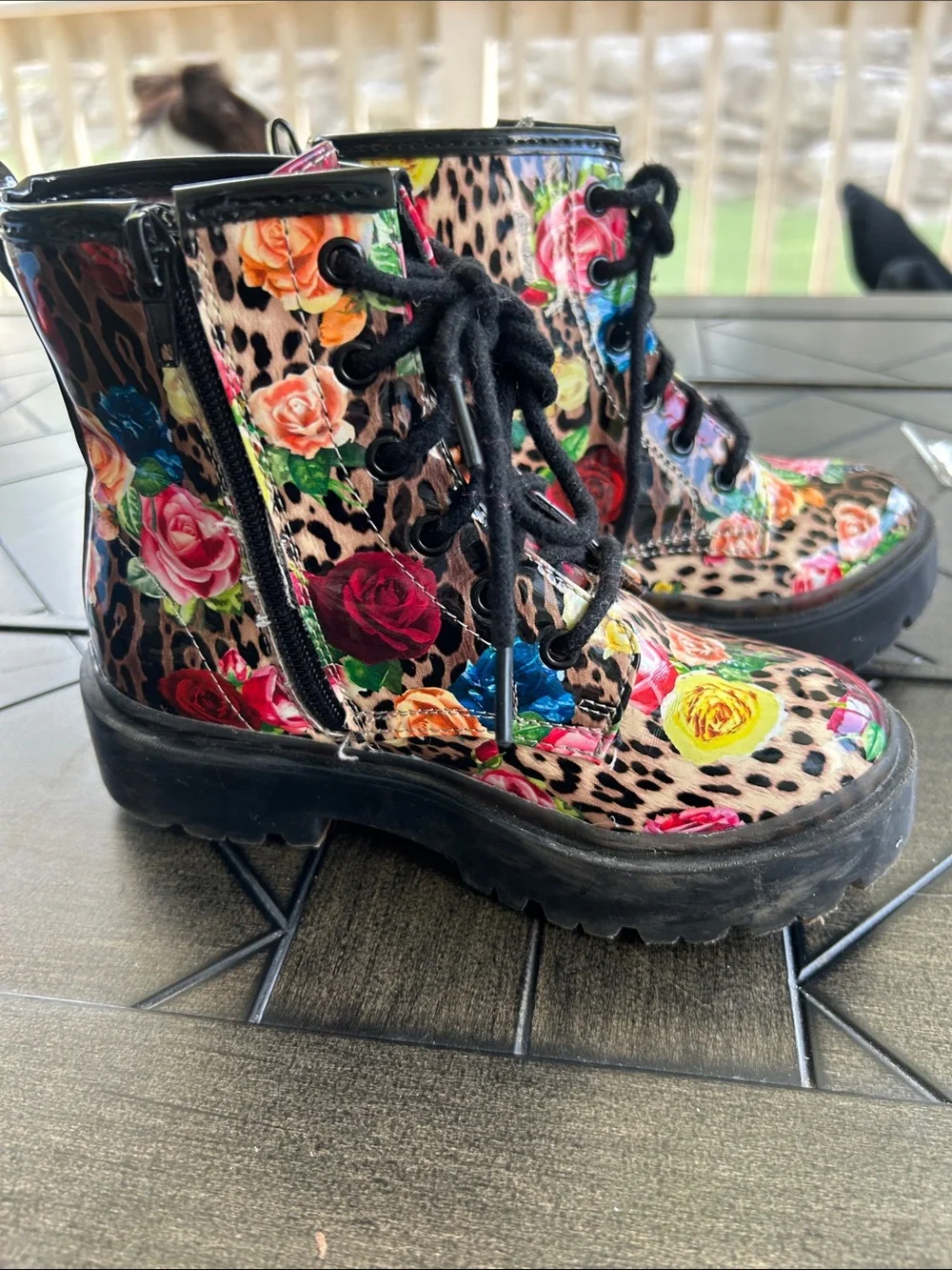 Betsey Johnson  Floral Leopard Lace Up Combat Boots fairy grunge size 13 girls